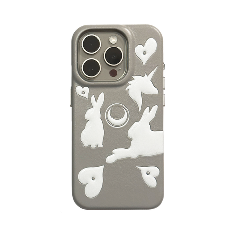 iPhone-Hülle aus grauem Leder mit Bunicorn-Prägung Nr. 001