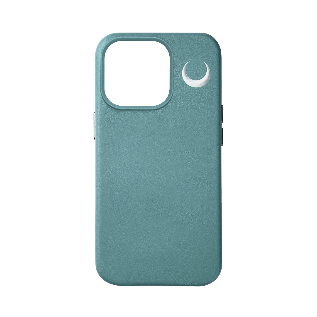 新月 壓印圖案 海藍色 真皮 iphone 保護殼