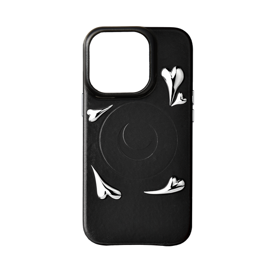 heart studs black leather iphone 15 pro case