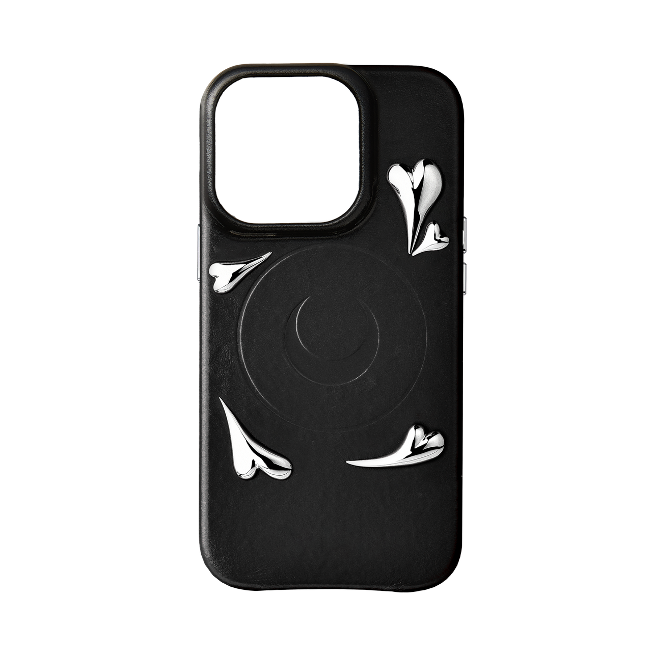 heart studs black leather iphone 15 pro case