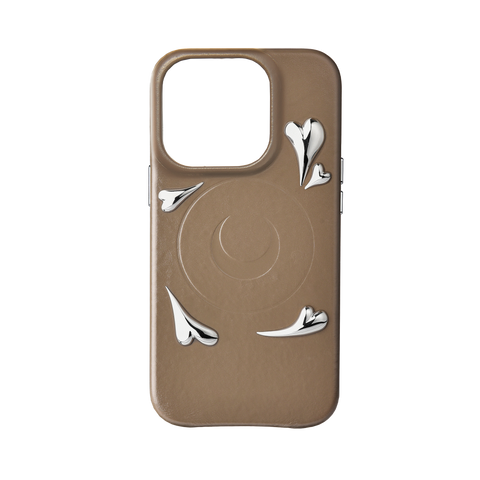 iPhone 15 Pro-Hülle aus braunem Leder mit Herznieten