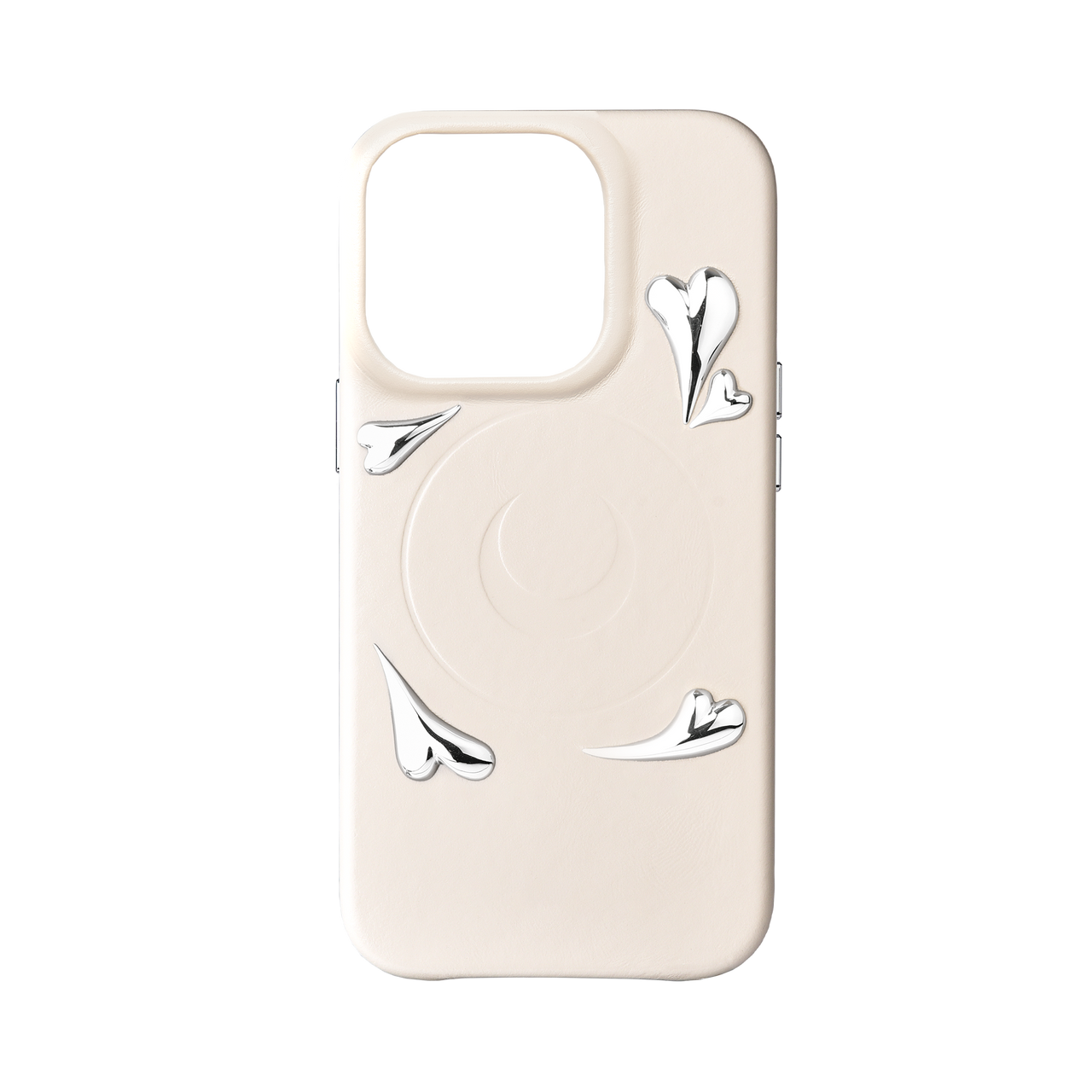 不锈钢爱心装饰 奶白色 牛皮 iphone 15 pro 保护壳