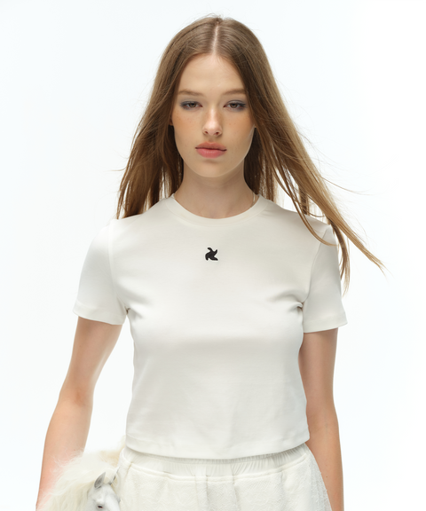 Weißes Baby-Crop-T-Shirt in normaler Passform mit Obsidian-Logo
