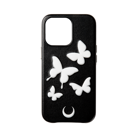 DIRTY BLACK Black leather iphone 13 Pro case with butterfly embossing
