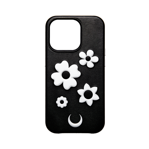 iPhone-Hülle aus schwarzem Leder mit Blumenprägung
