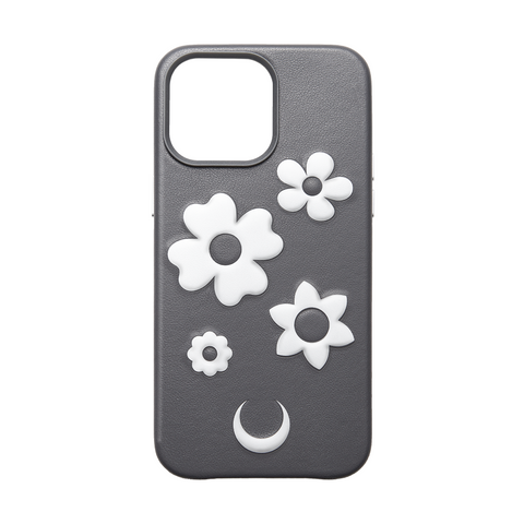 iPhone-Hülle aus grauem Leder mit Blumenprägung Nr. 001