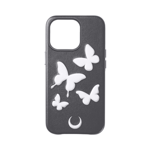 iPhone-Hülle aus grauem Leder mit Schmetterlingsprägung Nr. 001
