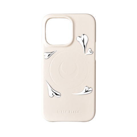 不鏽鋼愛心裝飾 奶白色 牛皮 iphone 14 pro 保護殼